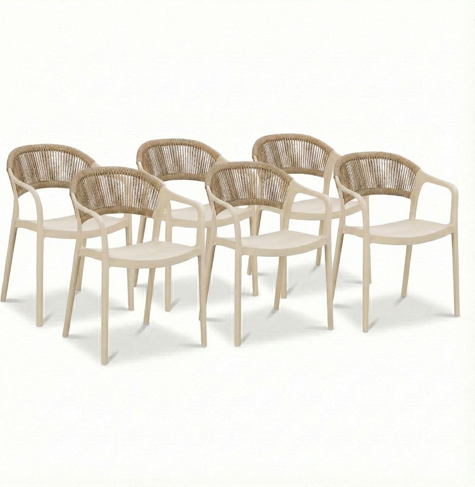 Set aus 6 Gartenstühlen aus Polypropylen mit Glasfaser und Rückenlehne aus geflochtenem Seil, stapelbare Stühle wetterbeständig für Garten, Terrasse, Balkon, Bar und Restaurant - Jolanda - Creme Image