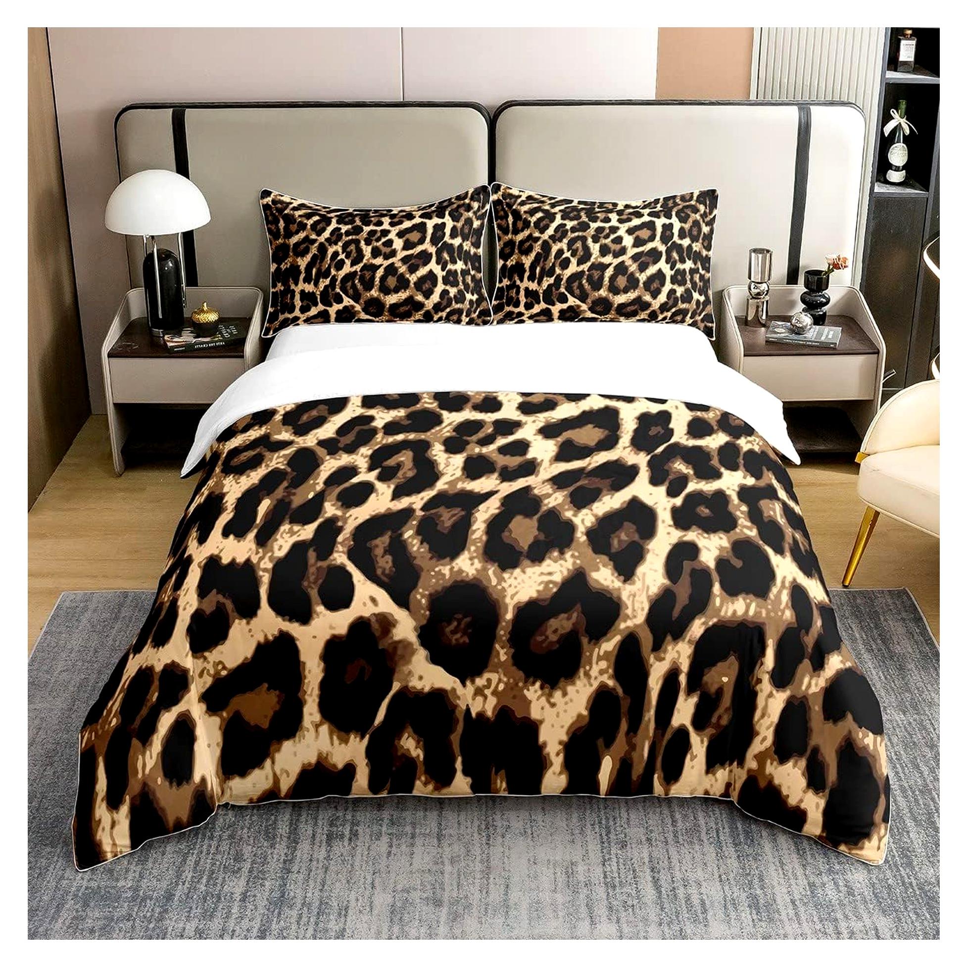 Markenlos 100% Baumwolle Leopard-Print Bettbezug 135x200, Schwarz-Braune Geparden Bettwäsche Set für Frauen und Männer, Afrika Wildtier-Thema Bettbezug, Safari-Hauttextur Bettsets mit 1 Kissenbezug