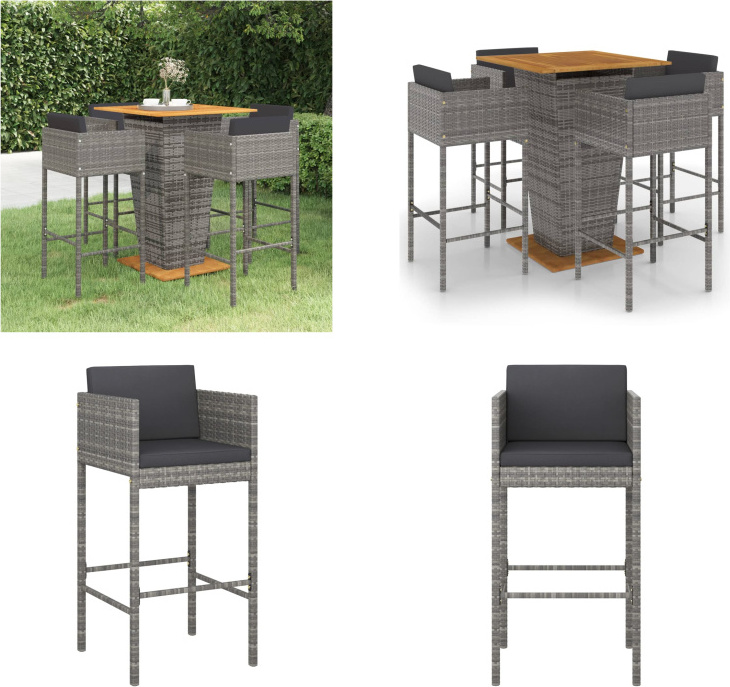 vidaXL 5-dielny záhradný barový set s vankúšmi polyratan sivý - Záhradný barový set - Záhradný barový set - Záhradné jedálenské sety