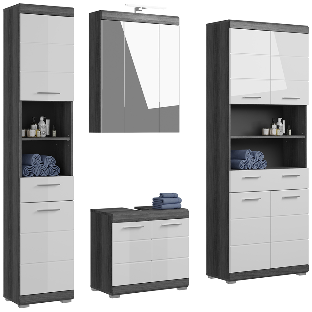 Lomadox Badezimmermöbel Set 4-teilig modern in Hochglanz weiß mit grau SIROCO-158 LA158-SIROCO-158-SET19