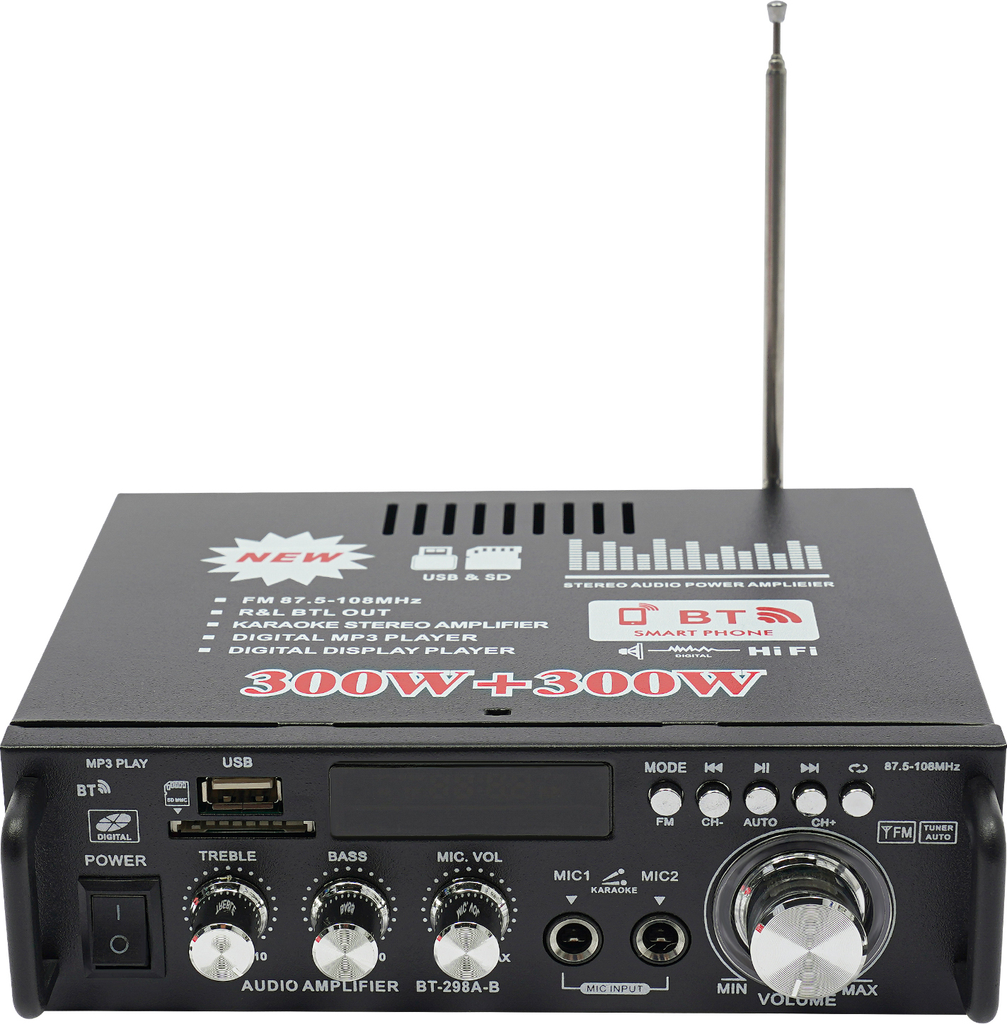 Amplificatore Stereo HiFi Bluetooth 5.3 | 2x100W RMS | Telecomando E Display LCD | Per Auto E Casa