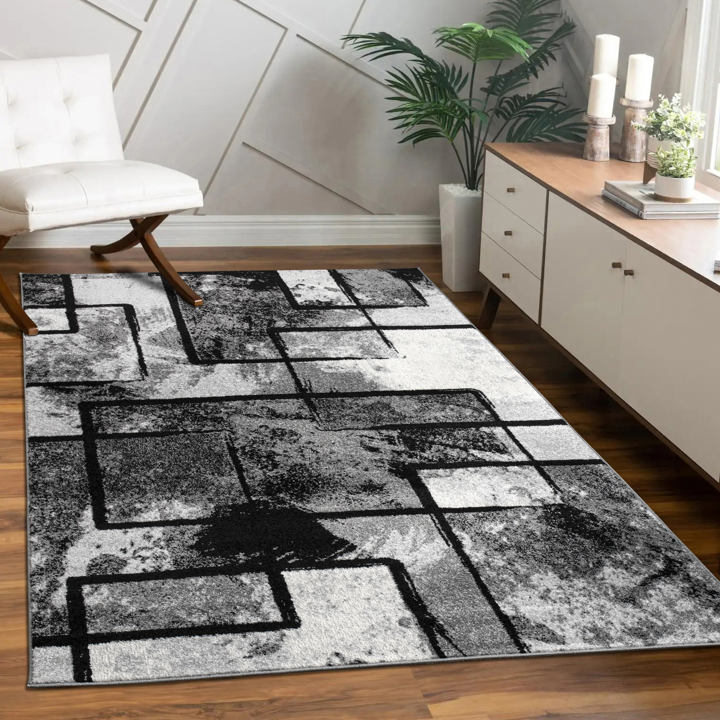 Luxury Teppich Kurzflor Schwarz Weiß Modern Streifen Design