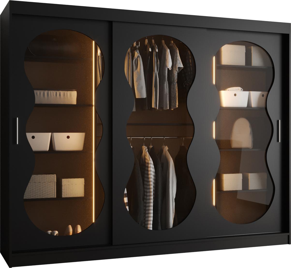 MEBLE KRYSPOL Kleiderschrank mit Glas 250 x 200 x 62 cm BAHRAJN 3, Schwarz BAHRAJN 3 250 CZ LED