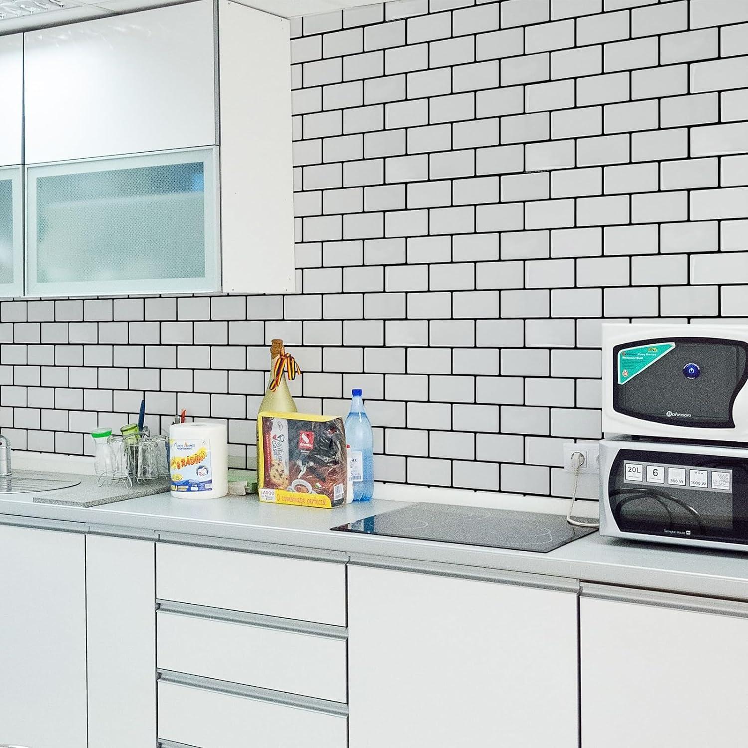 Markenlos Fliesenaufkleber, Fliesen, 10 Stück, Fliesenfolie, Spritzschutz, Küchenrückwand, 3D-selbstklebende Wandfliesen, Küche, Badezimmer, 30 x 30 cm, weiß mit schwarzem Fugenmörtel