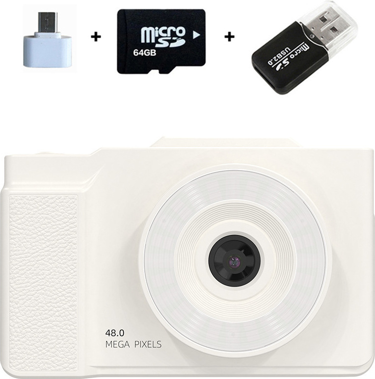 ZELURXX Tragbare Kamera, 1080P Spielzeugkamera, Flip-Screen, 3-Farben Fülllicht, CCD, Retro, 64GB SD-Karte, für Kinder, Schüler, Weiß
