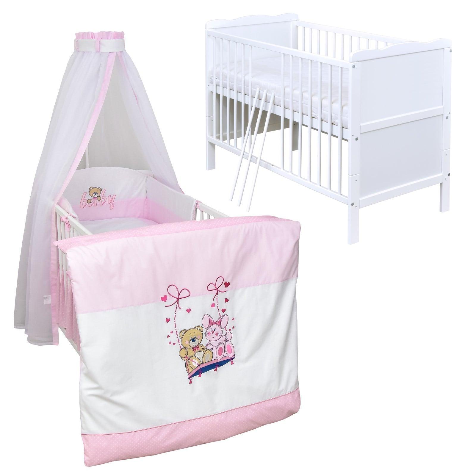 Baby-Delux Babybett Kinderbett Umbaubar 140x70 Weiß Bettset Komplett mit Motiv Schaukelfreunde