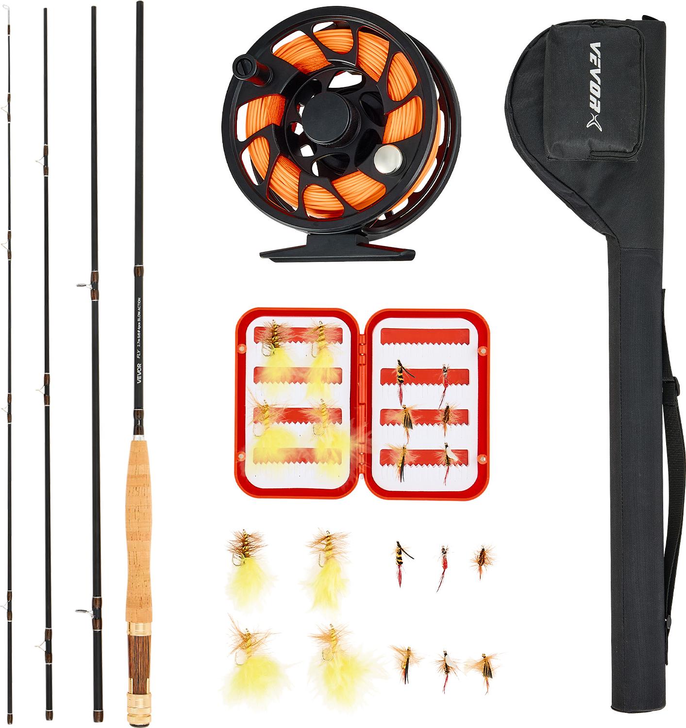 VEVOR Fliegenfischer-Kombi-Set, IM7 Carbon-Fliegenrute und -Rolle, Starter-Set mit Rutentasche & Tacklebox & 6 Kurzschwanz- und 4 Langschwanz-Fliegenhaken, ideal für Reisen und Urlaub