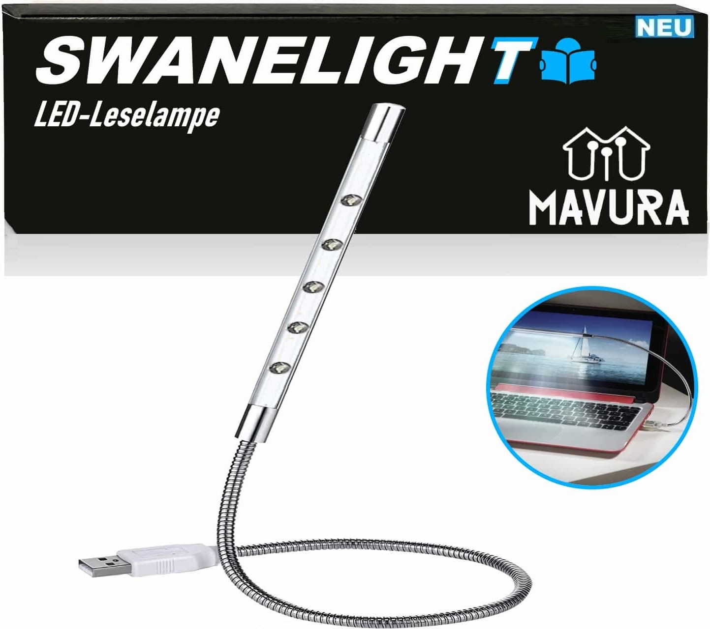 MAVURA SWANELIGHT USB LED Leselampe Schwanenhals Schwenkbar 5 LED Schwanenhalslampe Lampe A497