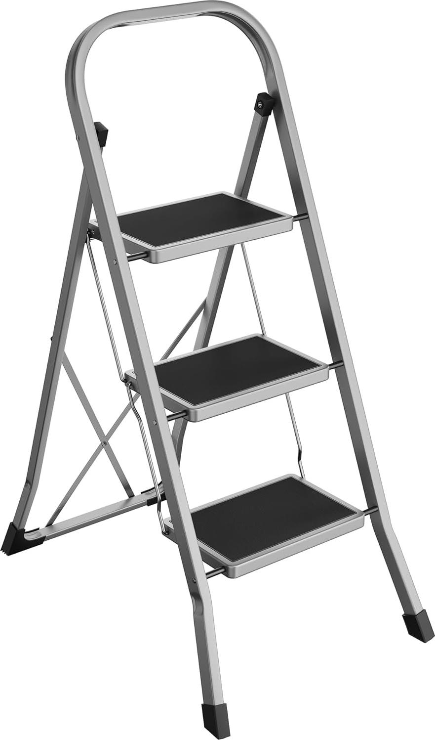 Markenlos 3-stufige Stahl-Faltleiter - Stehleiter - tragbare Leiter - hohe Stabilität - 46,5 cm x 74,5 cm x 105 cm