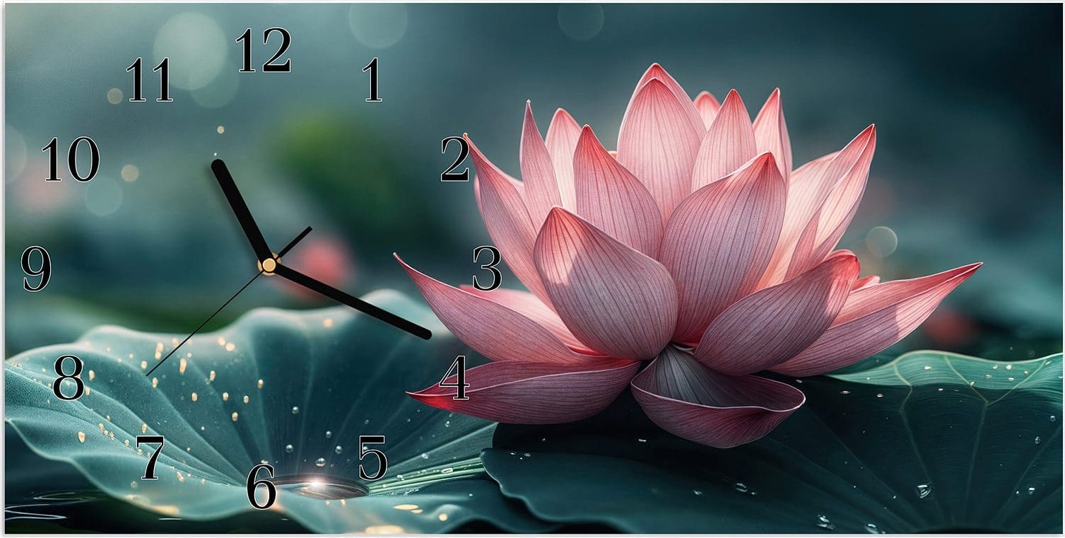 Primedeco Wanduhr aus Glas mit Motiv Lotuszauber- 60 x 30 cm - inkl. Aufhängesystem