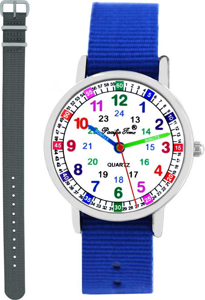 Pacific Time Kinder Armbanduhr Jungen Uhr Lernuhr Kinderuhr 2 Armbänder royalblau grau 11110