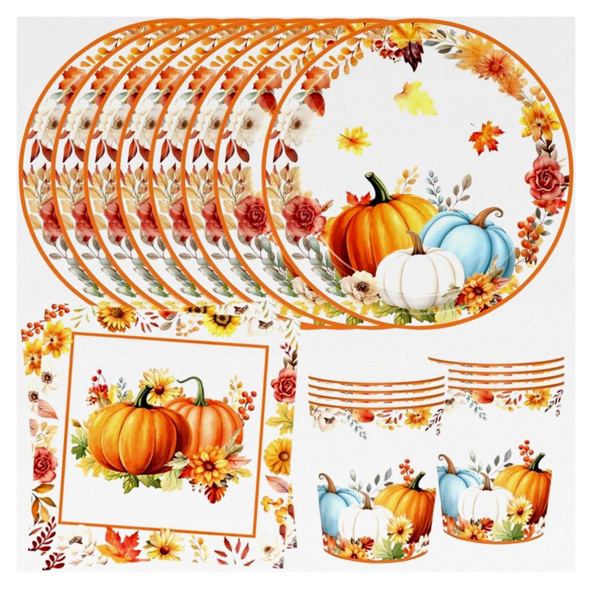 Markenlos Herbstliches Partygeschirr mit Kürbisdesign für Erntedank und Halloween, Set für 16 Gäste