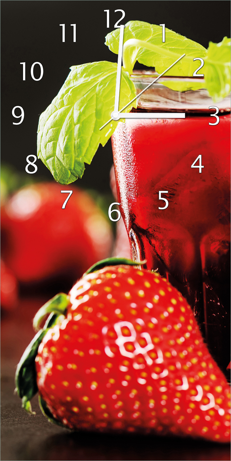 Wallario Design Wanduhr Erdbeer-Mojito - Frische Erdbeeren aus Echtglas, Größe 30 x 60 cm guk5018-3060