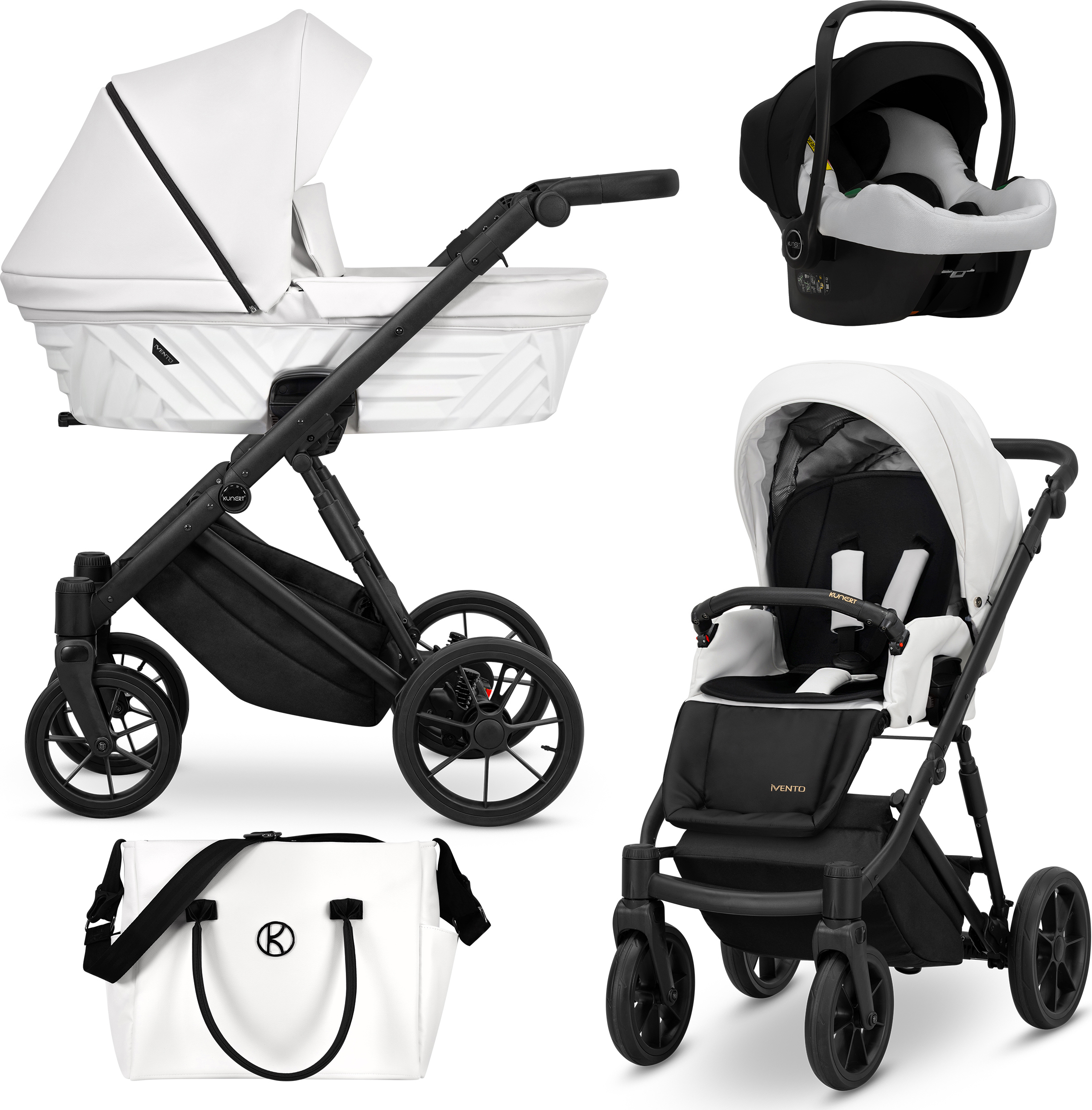 Kunert Kinderwagen IVENTO Sportwagen Babywagen Babyschale Komplettset Kinder Wagen Autositz Set 3 in 1 (White Pearl, Rahmenfarbe: Schwarz)