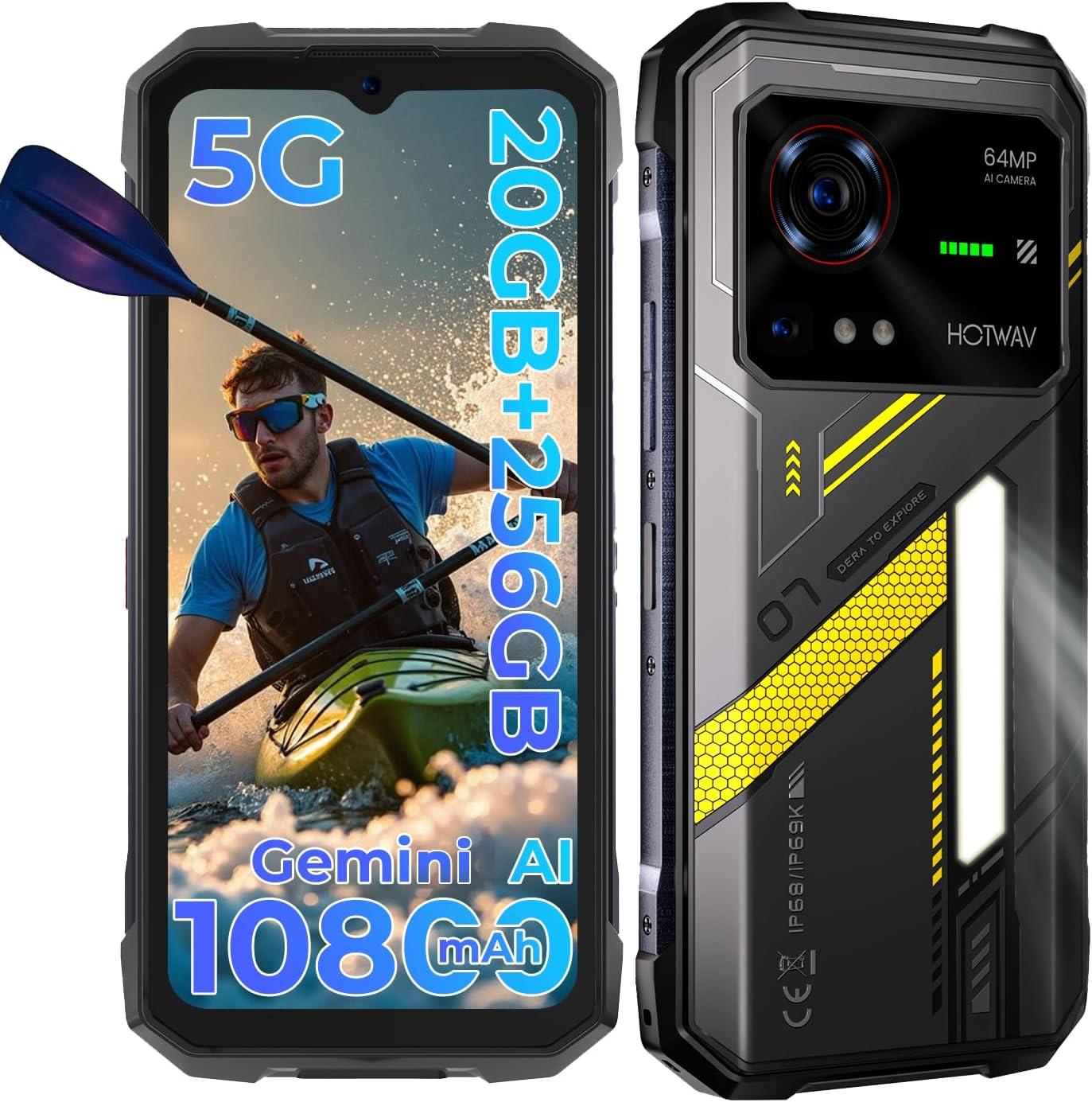 HOTWAV Hyper 7 5G Outdoor Smartphone, 20GB+256GB 280LM Campinglicht Handy 10800mAh Baustellenhandy 6.6”FHD+120Hz 64MP+32MP IP68/IP69K/NFC, Gelb