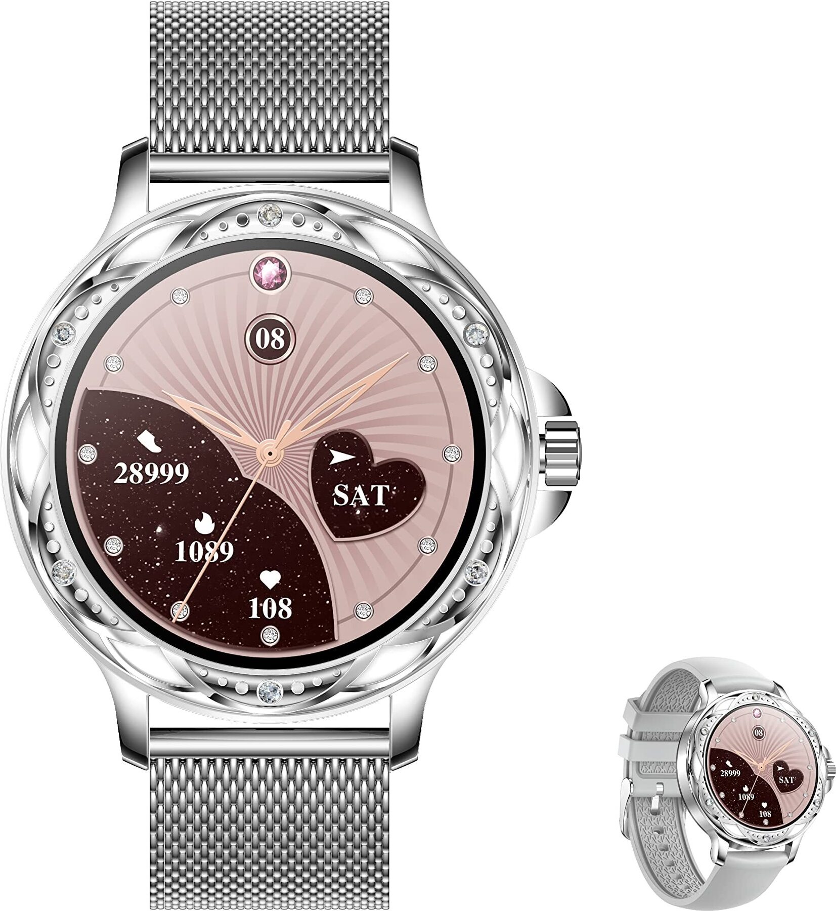 Inteligentné hodinky pre ženy, 1,2-palcové HD okrúhle dámske hodinky s Bluetooth volaním Inteligentné hodinky Vodotesné fitness tracker pre iOS Android