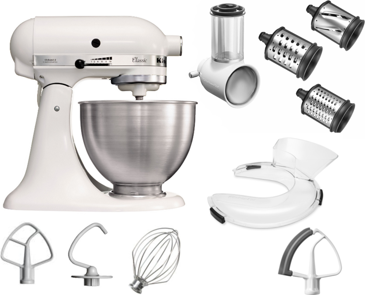 KitchenAid 4,3 l 5K45SS Classic Food Processor Set 3 Krájač na zeleninu + ochrana proti rozstreku + mixér Flexi, farba: biela