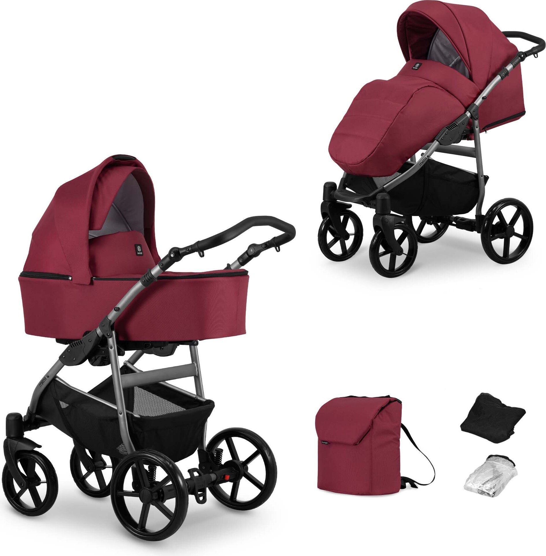 Kinderwagen MATA Sportwagen Babywagen Babyschale Komplettset Kinder Wagen Set 2 in 1 (maroon, Rahmenfarbe: Graphite)