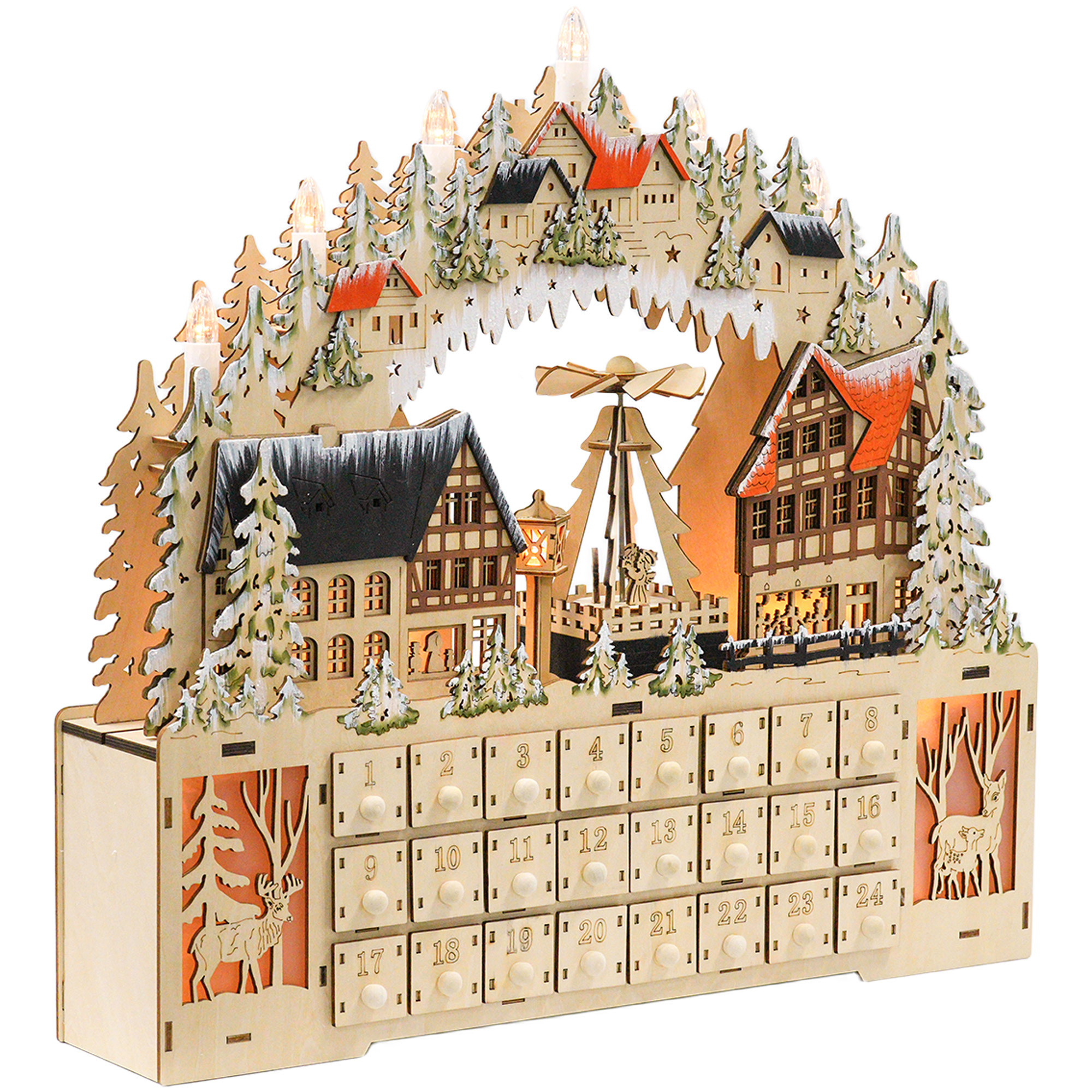 HOMCOM Adventný kalendár na vyplnenie 24 priehradiek Vianočný kalendár s LED svetlami Adventný kalendár box Vianočná dekorácia DIY MDF prírodné drevo 45 x 9 x 42,5 cm