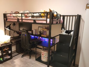 Hemelbed met stalen frame, LED-verlichting, bureau, USB-poort, opbergruimte in de trap en een veiligheidsreling, zonder matras, zwart, 90x200 cm Klantenfoto 1