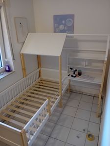 LVHOM Etagenbett mit Rutsche und Treppe, Hochbett 90x200/90x190cm mit Tafeln, Kinderbett aus Massivholz, Jugendbett Bettgestell, Weiß/Natur Kunden-Foto 1