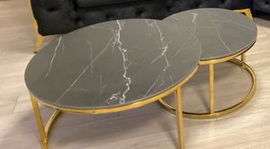 2er Set Couchtisch/Beistelltisch Joel - Rund - Sintered Stone Marmoroptik Hochglanz Schwarz - Metallgestell Gold - Maße Ø80+60cm Kunden-Foto 1