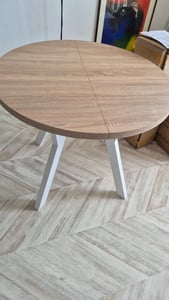 Dekori Runder Ausziehbarer Esstisch für Esszimmer, Wohnzimmer PERO, Loft-Stil, Durchmesser: 110 / 160 cm, Farbe: Eiche Craft Golden / Weiss Kunden-Foto 17