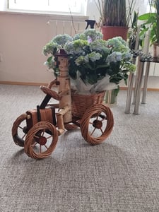 Pflanzkasten, Blumenkasten, Blumenkübel Traktor oder Dreirad mit Männchen aus Korbgeflecht, für den Garten, Variante:Männchen auf hellem Traktor Kunden-Foto 1