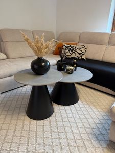 Couchtisch Beistelltisch 2er Set Dustin - Sintered Stone weiß matt - Metall Kegelfuß Schwarz - Ø 70 & 50cm Kunden-Foto 2