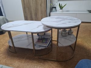 Set di 2 tavolini Fortuna Lai, set di tavolini con effetto marmo, set di tavolini da salotto con struttura in metallo, tavolino moderno per soggiorno, camera da letto, ufficio, max. 50 kg (Golden) Foto del cliente 1