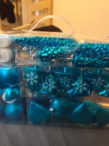 Relaxdays kerstballen set van 72 stuks, glinsterende, matte en glanzende kerstballen, schoenen, harten en kegels, kunststof, blauw Klantenfoto 1