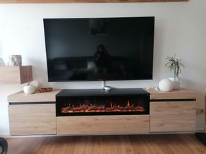 COZY Mobile TV Soggiorno, 200x35x45cm, Per TV fino a 80, Camino elettrico, da appendere, Rovere e Nero Foto del cliente 2
