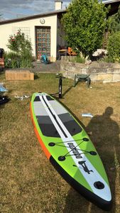 Stand up Paddling Board Aufblasbare, Kajak Sitz,330x76x15cm, Tragkraft bis 150Kg, Verstellbares Doppel-Paddel,Blaues Camouflage Kunden-Foto 6