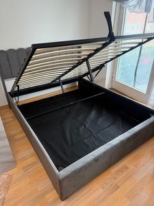 Flieks Polsterbett 140x200cm mit Lattenrost, Hydraulisches Boxspringbett mit USB und Leselichte, Stauraumbett Doppelbett, Samt, Grau Kunden-Foto 2