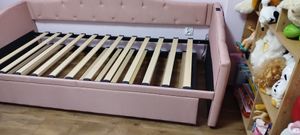Flieks gestoffeerd bed 90x200 cm met uitschuifbed 90x190 cm, multifunctioneel dagbed met lattenbodem, jeugdbed met USB-aansluiting, houten bed met linnenlook, roze Klantenfoto 1