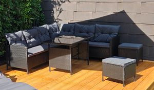 Juskys Polyrattan Lounge Manacor - Sofa, Tisch, Hocker & Kissen inkl. Abdeckung - Grau-meliert & Grau Kunden-Foto 9