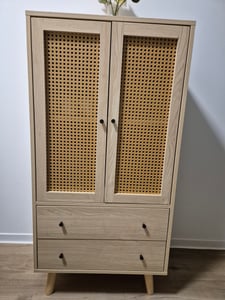 Merax Commode Highboard avec porte en rotin tressé et tiroir, Buffet en bois, 60x40x110.5cm, Noir Photo du client 2