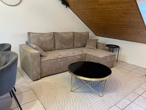 Rohová sedací souprava s funkcí spaní a lůžkem NOEMI 145x235 cm, manšestrová béžová rohová sedací souprava, sedací souprava ve tvaru L, univerzální otoman, pohovka s vlnovou pružinou - PS 02 Fotografie od zákazníka č. 2