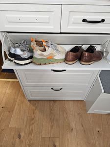 Flieks Schuhschrank Schuhkipper mit 2 Schubladen, Schuhkommode Flurkommode Schuhablage Schmal, Schuhregal mit 3 Klappbaren Schuhregalen, Weiß, 125cm Kunden-Foto 2