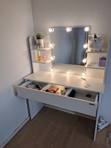 CASARIA® Schminktisch mit Spiegel weiß Schubladenbeleuchtung 3 Fächer inkl. Distanzsensor 4 offene Ablagen Frisiertisch Kosmetiktisch 110x40cm Holz Kunden-Foto 6