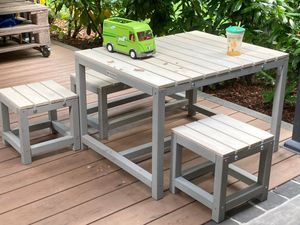 WONDERMAKE® Design Kindersitzgruppe Outdoor Garten Holz mit Abdeckung, Kinder-Sitzgarnitur Indoor Picknick-Gruppe ab 3 Jahre Gartenmöbel-Set weiß bunt Kunden-Foto 1
