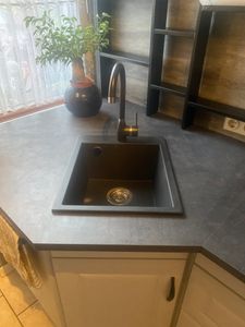 Granit Küchenspüle mit Armatur, Schwarz Spülbecken Einbauspüle 40x50 cm, Spüle mit Schwarz Spülarmatur Hochdruckarmatur Kunden-Foto 2