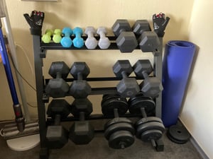 TREX SPORT Kurzhanteln Hanteln Set 2x5kg TX-005CD | Kunststoff Hexagon Dumbbell für Krafttraining | sechseckige Anti-Roll Form, ergonomischer Griff Kunden-Foto 2
