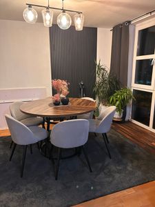 Tribesigns Tavolo da pranzo rotondo per 4 persone, tavolo da pranzo rotondo con base in metallo, tavolo da cucina rotondo da 120 cm per soggiorno cucina sala da pranzo, marrone Foto del cliente 2
