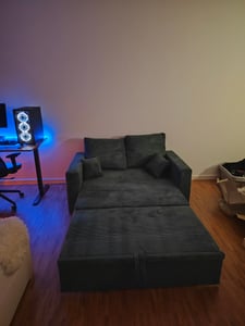 Sofa AIKIDO 150x85 - mit schlaffunktion - Farben zur Auswahl - modernen Sofa - mit Bettkasten - Moderner Cordstoff - Stoff POSO 047 Olivgrün Kunden-Foto 6