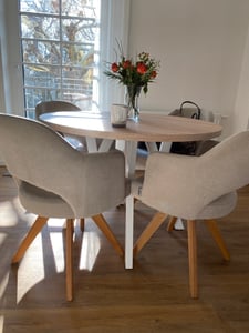 Dekori Runder Ausziehbarer Esstisch für Esszimmer, Wohnzimmer PERO, Loft-Stil, Durchmesser: 110 / 160 cm, Farbe: Eiche Craft Golden / Weiss Kunden-Foto 11