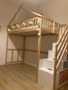 Flieks Etagenbett 90x200cm mit Rausfallschutz, Kinderbett mit Treppe, Hochbett mit Schubalden und Regal, Holzbett Stockbett Einzelbett, Naturbelassen Kunden-Foto 2