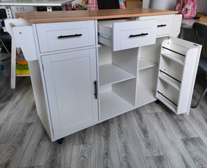 Merax Küchenwagen mit erweiterbarer Arbeitsplatte,Kücheninsel mit 3 Schubladen, Servierwagen Küchenschrank Küchentrolley, 139x46(71)x91,5 cm, Grau Kunden-Foto 1