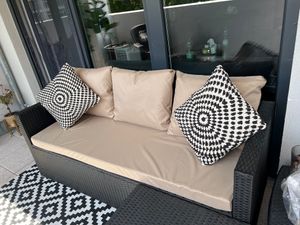 Gartenkissen Set grau – 140x50 + 3x50x56 cm Gartenkissen für ein 2-3-Sitzer-Sofa  Weiche Auflagen für Rattan/Polyrattan – Abnehmbare Bezüge Kunden-Foto 1