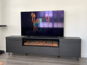 TV-Schrank, Lowboard, 200x35x45cm, Für TV-Geräte bis zu 80", Elektrokamin, Weiß und Schwarz Kunden-Foto 1